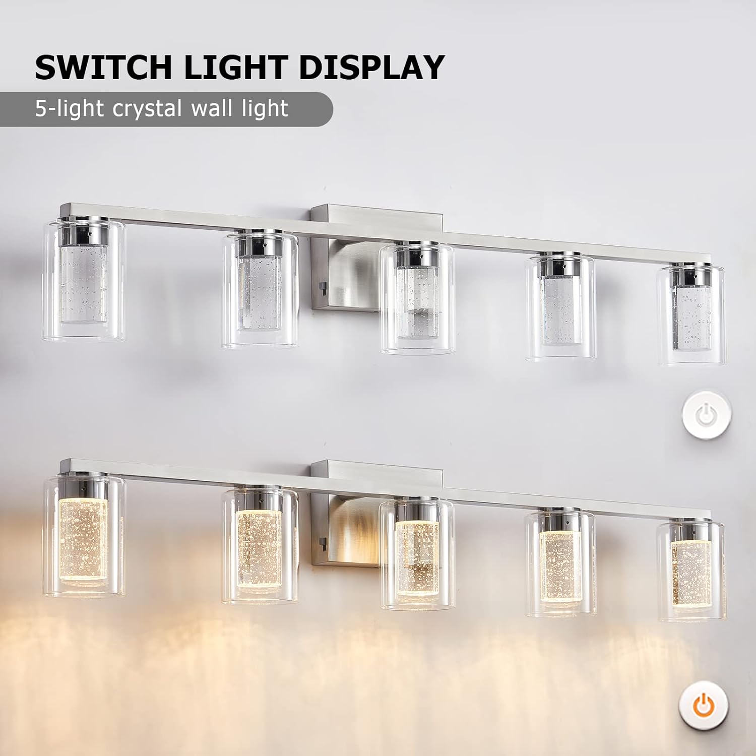 SADENICEL 5 Light Bathroom Light Fixtures, Brushed Nickel Vanity Lights Crystal Dimmable LED White/Neutral/Warm Bathroom Lights Over Mirror for Bathroom, Bedroom,Living Room (5 Light)